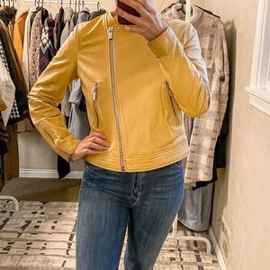 Mango Genuine Leather Biker Jacket Orange Mustard S